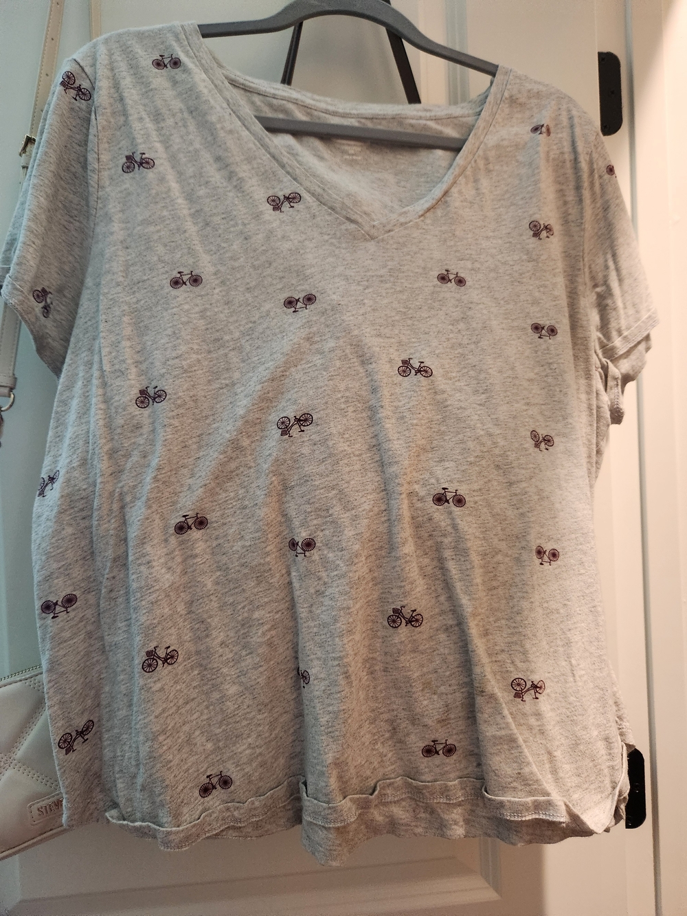 Old Navy Light Gray V-Neck Tee with Purple Bicycle Print